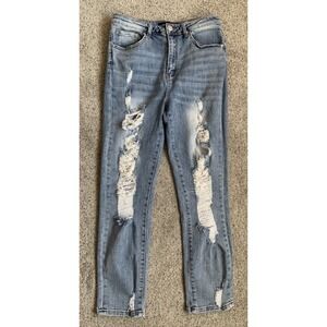 RISEN Women's Blue Denim Jeans Distressed Relaxed Fit Roll Up Skinny Jeans 30/11